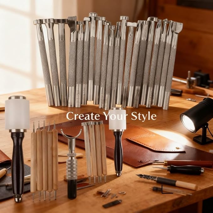 Leather Working Tools Set 28PCS, DIY Leather Craft Stamping and Carving Kit, Wood and Nylon Handle - Complete Leather Crafting Kit, Comfortable Grip, Ideal for Beginners and