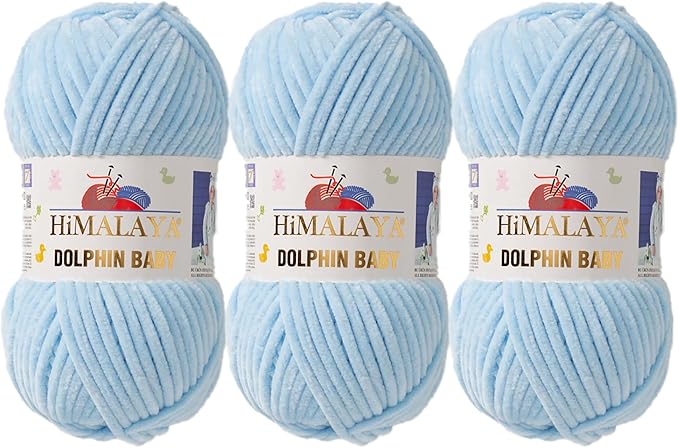 3 Skein/Pack Himalaya Dolphin Baby Chenille Yarn, Each Ball 100 gr (3.5 oz), 120 m (132 Yards), 100% Polyester, Super Bulky Baby Blanket Velvet Amigurumi Yarn, 80306 - Ice Blue