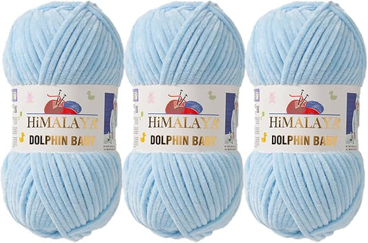 3 Skein/Pack Himalaya Dolphin Baby Chenille Yarn, Each Ball 100 gr (3.5 oz), 120 m (132 Yards), 100% Polyester, Super Bulky Baby Blanket Velvet Amigurumi Yarn, 80306 - Ice Blue