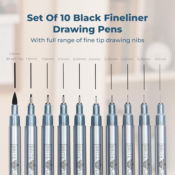 Brite Crown Drawing and Sketching Pens Set - 10 Black Fineliner Pens 0.2mm to 1.0mm Width Tips & 2.5mm Micro Calligraphy Brush-tip Pen, Ideal Gift Idea for Artists and Beginners