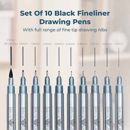 Brite Crown Drawing and Sketching Pens Set - 10 Black Fineliner Pens 0.2mm to 1.0mm Width Tips & 2.5mm Micro Calligraphy Brush-tip Pen, Ideal Gift Idea for Artists and Beginners