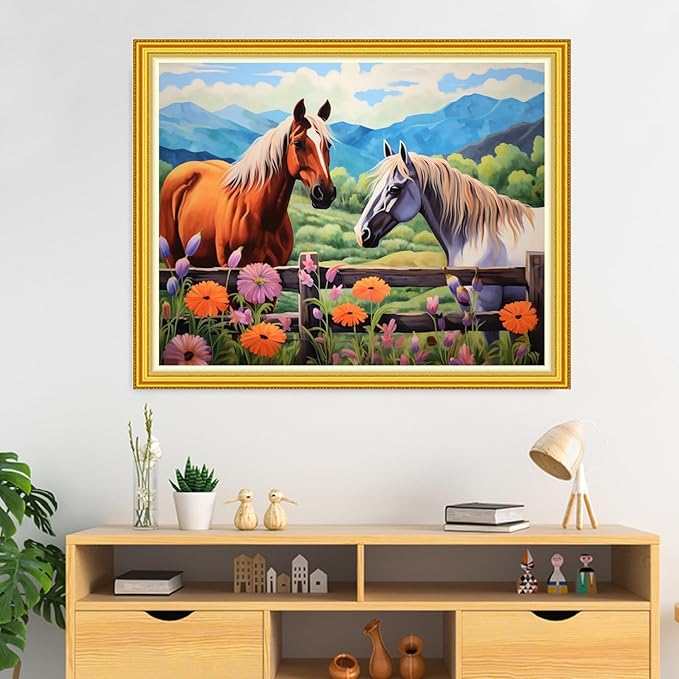 DMCVIVR Stamped Cross Stitch Kits for Beginners Adults Needlepoint Kits for Beginners Embroidery Kits for Adults Crossstitch Kit for Beginners 11CT-Horse Flower 16x20 inch