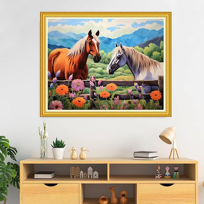 DMCVIVR Stamped Cross Stitch Kits for Beginners Adults Needlepoint Kits for Beginners Embroidery Kits for Adults Crossstitch Kit for Beginners 11CT-Horse Flower 16x20 inch
