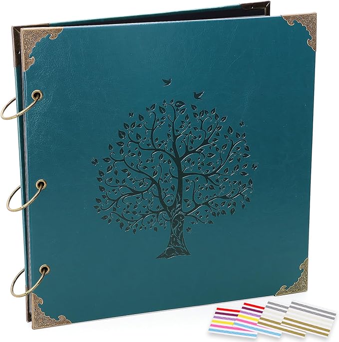ADVcer Photo Album DIY Scrapbook - 12x12 inch 50 Pages Vintage Leather Cover Three-Ring Binder Family Picture Booth Albums with 408pcs Self Adhesive Photos Corners for Memory Keep, Tree (Jasper Green)