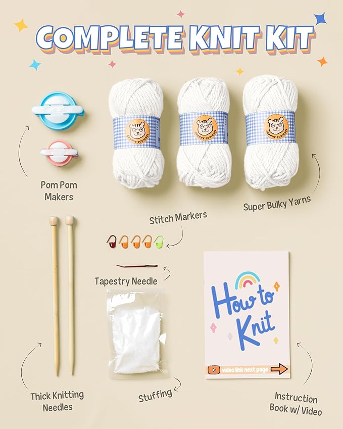 Complete Knitting Kit for Beginners - Learn to Knit Kit with Knitting Accessories Like Thick Beginner Ivory Yarn, Bamboo Needles for Beginners & More - Includes Video Tutorials & Written Guide