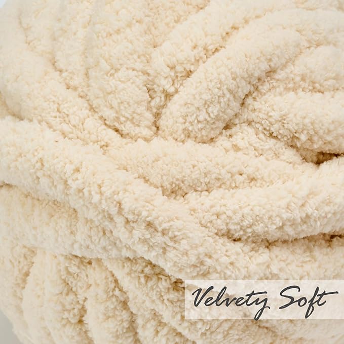 ERLYEEN Chenille Chunky Yarn Super Bulky Soft Thick Fluffy Jumbo Giant Washable Polyester Big Yarn DIY for Arm Knit Blanket Cushion Bed Sofa Home Decor,Beige,0.55LB