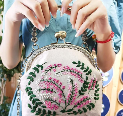 Embroidery Beginner Kits for Adults, DIY Wallet/Purse/Handbag with Pattern & Instructions, Included Embroidery Cloth Bag/Chain/Craft Stamped/Hoops Threads