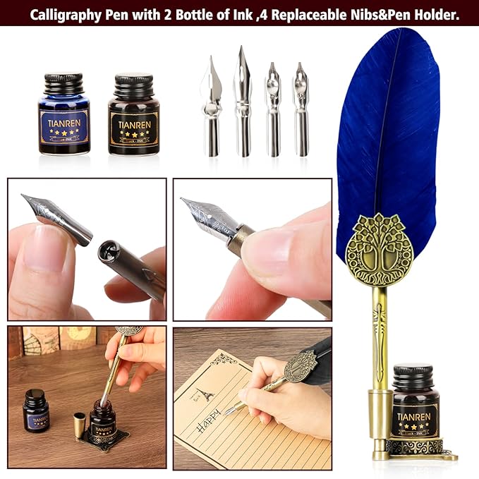 TIANREN Quill pen ink set,Feather Pen and Ink Set,Antique Calligraphy Pen with 4 Replaceable Nibs,2 Bottle of ink,Feather Dip Pen Holder Christmas Gift for Men&Women.(Blue)
