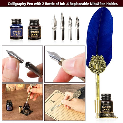 TIANREN Quill pen ink set,Feather Pen and Ink Set,Antique Calligraphy Pen with 4 Replaceable Nibs,2 Bottle of ink,Feather Dip Pen Holder Christmas Gift for Men&Women.(Blue)
