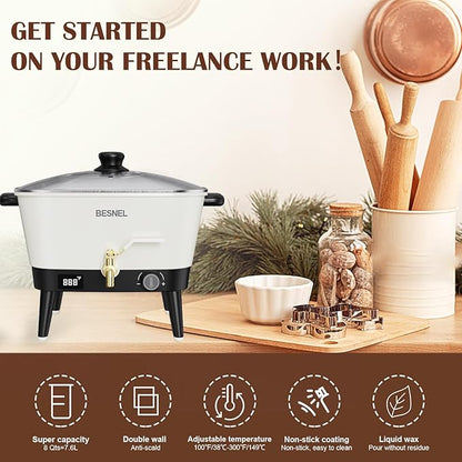 BESNEL Wax Melter for Candle Making, 8Qts Candle Wax Melting Pot with Spout for Soy Wax Soap Base, Electric Wax Melter for Candle Making with Temp Control, Easy Pour,Non-Stick(White)