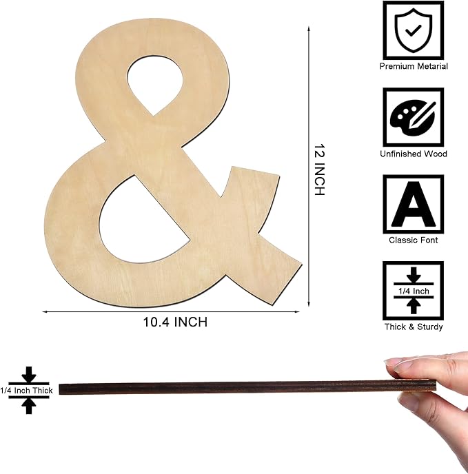 12 Inch Wooden Symbol &, 1/4 Inch Thick Large Unfinished Wood Letter for Home Wall Decor, DIY Crafts