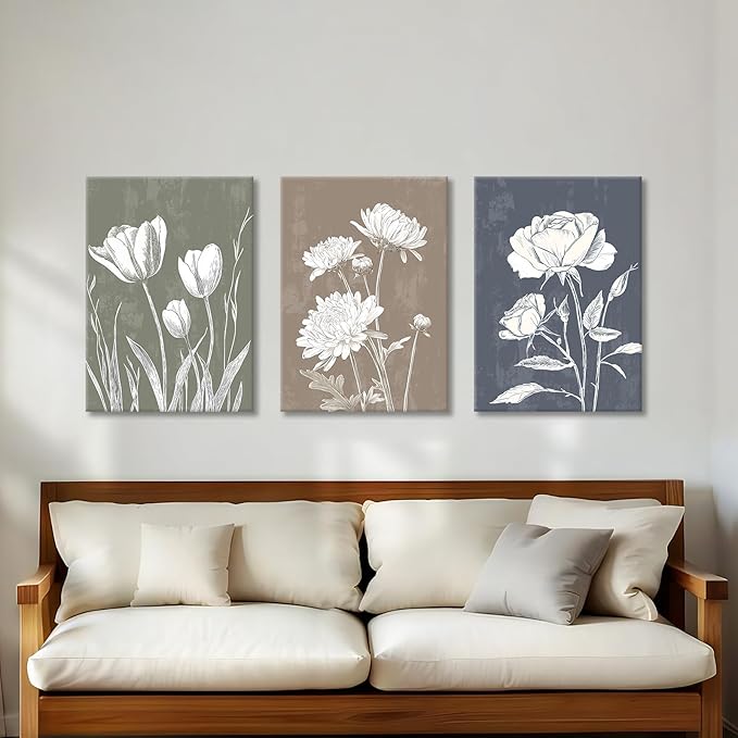3 Pcs Boho White Flowers Botanical Canvas Wall Art Wooden Rustic Minimalist Farmhouse Floral Wall Paintings Vintage Blossom Picture Artwork Wall Decor for Bedroom Living Room Reay to Hang 16"x24"x3
