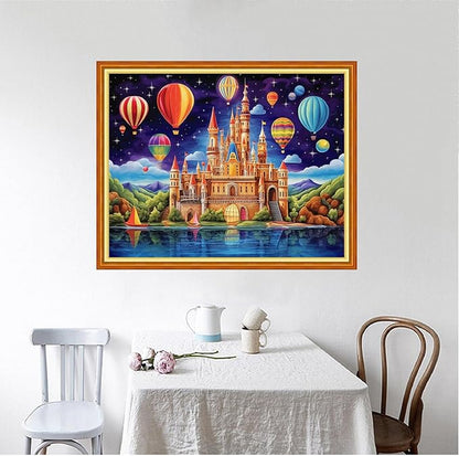 Foxhool Beginners Cross Stitch Kits Stamped Full Range of Embroidery Kits for Adults DIY Cross Stitches kit Embroidery Patterns for Needlepoint kit-Hot air Balloon Castle 16x20 inch