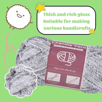 LUNARM Chenille Yarn for Crocheting Knitting, 3 Skein 10.58 oz / 263 Yard Thick Soft Chunky Fluffy Weaving Plush Yarn for Blankets Clothes Pattern with Big Eye Needles(Gray Ink Gradient)