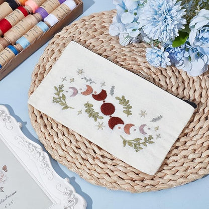 WEBEEDY 3 Sets DIY Embroidery Zipper Pouch Kit Include Moon Pattern,Embroidery Hoop,Color Threads and Tool for Beginners,Handmade Sewing Canvas Makeup Bag Cosmetic Bag for Adults