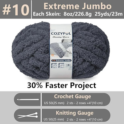 Chunky Yarn for Hand Knitting - #10 Chunky Chenille Yarn, Jumbo Big Thick Chunky Yarns for Crocheting, Super Bulky Chunky Knit Blanket Yarns, 8 Skein (25 yds 8 oz Each Skein), Charcoal Grey