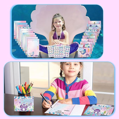 TaoBary 160 Pcs Stationery Paper Set 50 Double Sided Stationery Papers with 50 Matching Envelopes and 60 Round Dot Sticker, 10 Design(Mermaid,5.5 x 8.25 Inch)