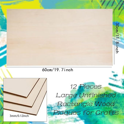 12 Pack Basswood Sheets for Crafts-12 x 24 x 1/8 Inch- 3mm Thick Plywood Sheets with Smooth Surfaces-Unfinished Rectangular Wood Boards for Laser Cutting, Wood Burning, Architectural Models, Staining