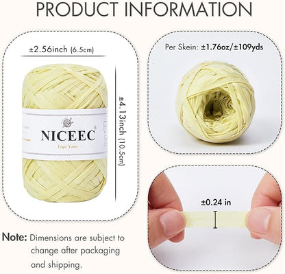 NICEEC 2 Skeins Soft Tape Yarn, Easy Crohcet Raffia, Crochet & Knitting, Paper Ribbon Yarn for DIY Craft Gift Wrapping Total Length 1.76oz×2/109yds×2 - Pale Yellow