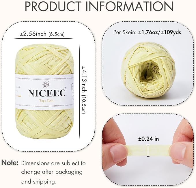 NICEEC 6 Skeins Soft Tape Yarn, Easy Crohcet Raffia, Crochet & Knitting, Paper Ribbon Yarn for DIY Craft Gift Wrapping Total Length 1.76oz×6/109yds×6 - Pale Yellow