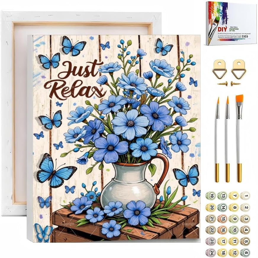 Flowers With Butterfly Paint By Numbers Kit For Adults - Diy Rustic White Wood Background Painting On Canvas, Acrylic Paint Set, Suitable For Beginners, Art For Home Decoration Or Gifts(8X12IN framed) by Unknown