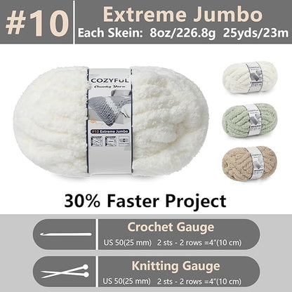 Chunky Yarn for Hand Knitting - #10 Chunky Chenille Yarn, Jumbo Big Thick Chunky Yarns for Crocheting, Super Bulky Chunky Knit Blanket Yarns, 8 Skein (25yd, 8oz/Skein), Cream & Sage & Khaki