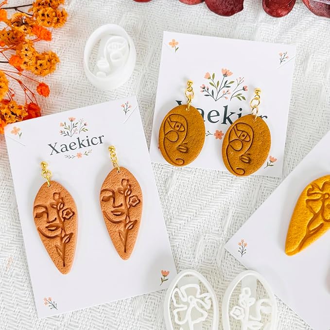 Xaekicr Abstract Face Polymer Clay Cutters Set – 3PCS Clay Earring Cutters with Floral Line Design – Embossed Polymer Clay Molds for DIY Jewelry and Crafts