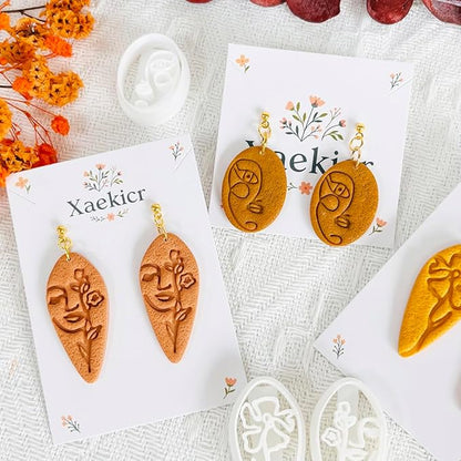 Xaekicr Abstract Face Polymer Clay Cutters Set – 3PCS Clay Earring Cutters with Floral Line Design – Embossed Polymer Clay Molds for DIY Jewelry and Crafts