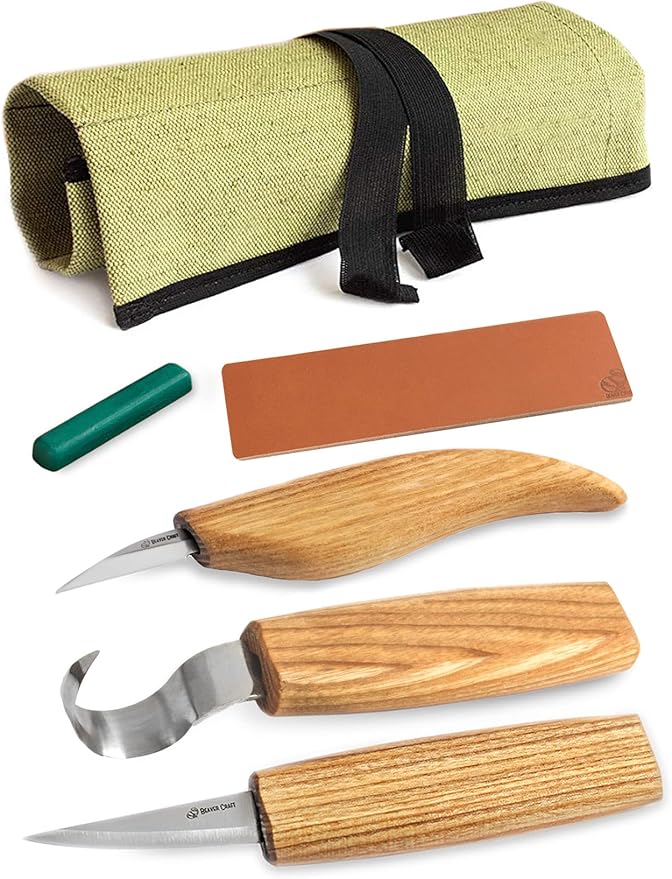 BeaverCraft Wood Spoon Carving Tools Kit S17 with Wood Carving Hook Knife & Sloyd, Chip Whittling Knives for Spoon Carvers - Whittling Tools Set with Knife Leather Strop Polishing Compound, Tool Case