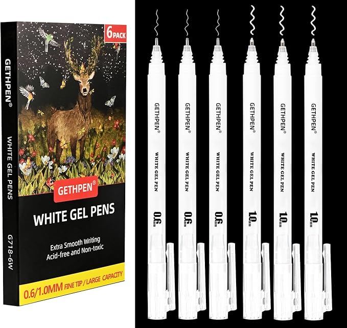 GETHPEN White Gel Pens,0.6/1.0mm Fine Point Gel Ink Pens,Opaque White Ink Pens for Black Paper Drawing, Sketching, Illustration, Card Making, Bullet Journaling,Pack of 6