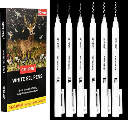 GETHPEN White Gel Pens,0.6/1.0mm Fine Point Gel Ink Pens,Opaque White Ink Pens for Black Paper Drawing, Sketching, Illustration, Card Making, Bullet Journaling,Pack of 6