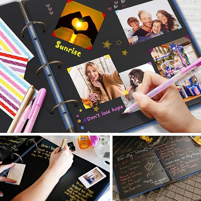 ADVcer Photo Album DIY Scrapbook (10x10 inch 50 Pages Double Sided) Vintage Hardcover Three-Ring Binder Picture Booth Albums with 6 Colors 408pcs Self Adhesive Photos Corners for Memory Keep (Blue)