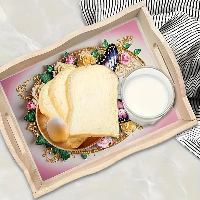 DoxQcs DIY Diamond Art Wooden Tray Kit Easter Food Tray with Handle Diamond Painted Table Decoration Tray for Breakfast Bar Dinner Table Diamond Art Painting for Beginners-#12-Rose Butterfly