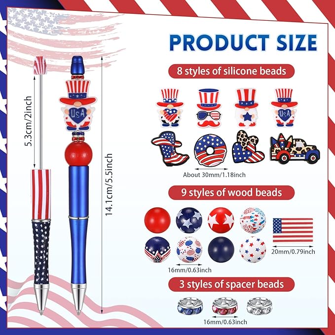 Geyee 12 Set Plastic Beadable Pens Assorted Bead Pens Crystal Wood Round Spacer Set Black Ink DIY Ballpoint for Women Men Gift Office Supplies(American Flag)