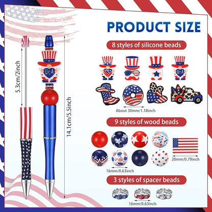 Geyee 12 Set Plastic Beadable Pens Assorted Bead Pens Crystal Wood Round Spacer Set Black Ink DIY Ballpoint for Women Men Gift Office Supplies(American Flag)
