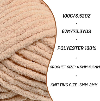 4 Pack Chunky Chenille Yarn for Crocheting，Baby Yarn for Crocheting Soft Blankets，Bulky Yarns for Crochet Amigurumi，400g (297yds) Fluffy Velvet Yarns for Hand Knitting (4 Apricot)
