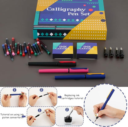 Aifeiter Calligraphy Pen set,Calligraphy Fountain Pens with 7 Different Replaceable Nibs with 60 Ink Cartridges(12 Colors),3 multi-functional color Fountain pens