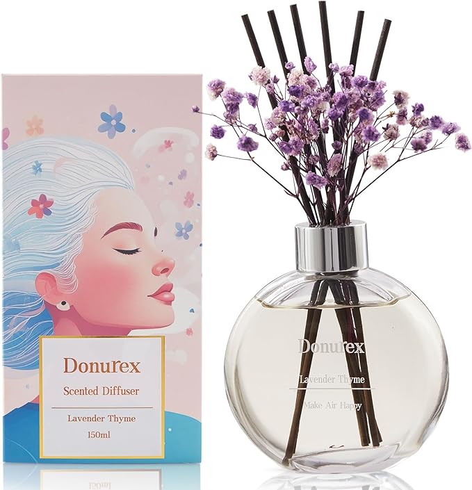 Donurex Flower Reed Diffuser Set 5.07oz Lavender Thyme Scent Diffuser with Sticks Home Fragrance Reed Diffuser for Bathroom Shelf Decor