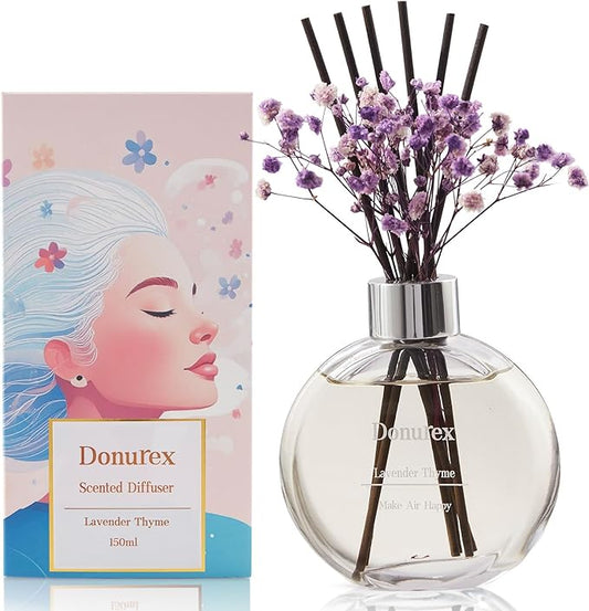 Donurex Flower Reed Diffuser Set 5.07oz Lavender Thyme Scent Diffuser with Sticks Home Fragrance Reed Diffuser for Bathroom Shelf Decor