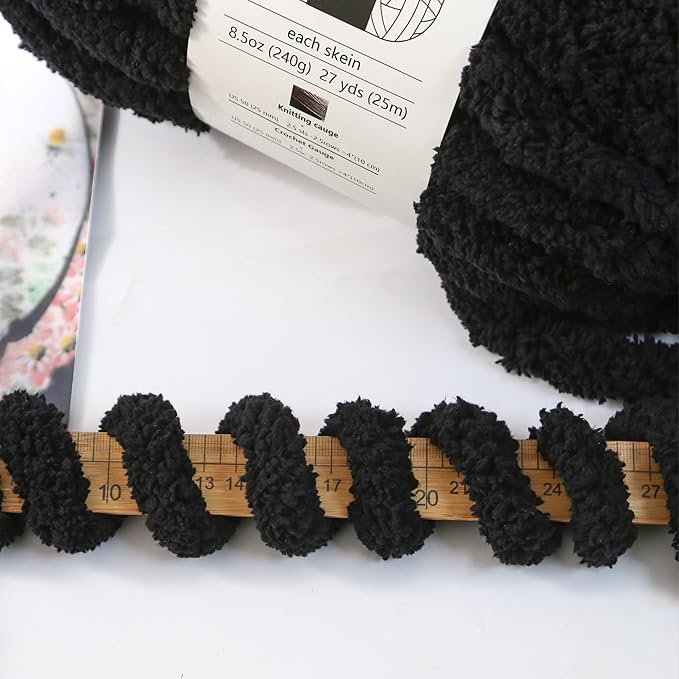 Chunky Chenille Yarn for Hand Knitting 8 Jumbo Pack Jumbo Chunky Yarn for Hand Soft Blanket Knitting, Bulky Thick Fluffy Yarn for Crocheting (Black)
