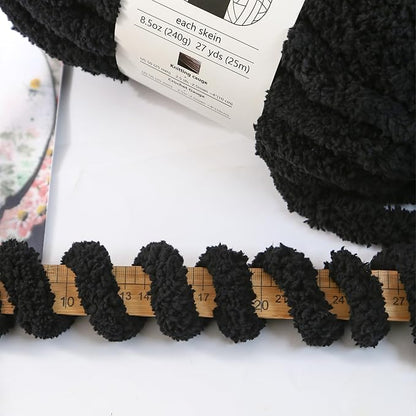 Chunky Chenille Yarn for Hand Knitting 8 Jumbo Pack Jumbo Chunky Yarn for Hand Soft Blanket Knitting, Bulky Thick Fluffy Yarn for Crocheting (Black)