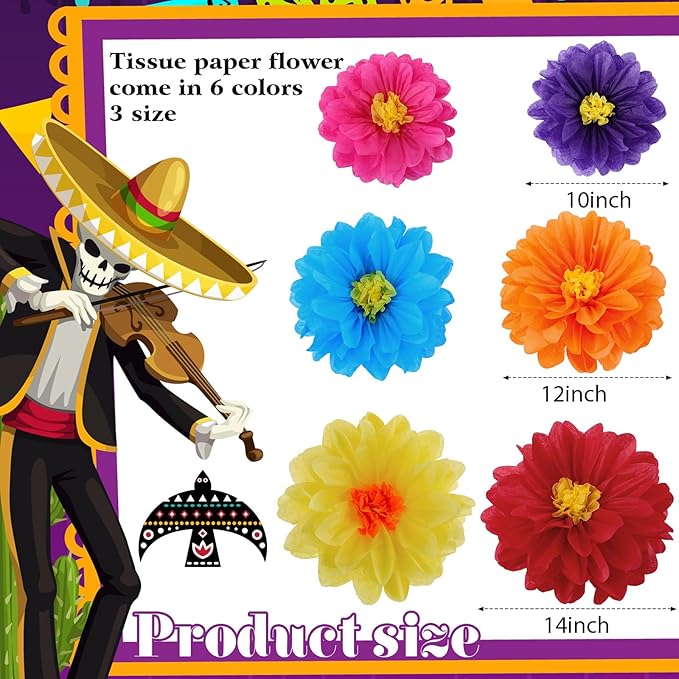 Geyee 18 Pcs Mexican Paper Flowers Colorful Fiesta Tissue Paper Flowers Pom Poms Mexican Carnival for Floral Party Backdrop Wedding Birthday Party Craft (10" 12" 14")