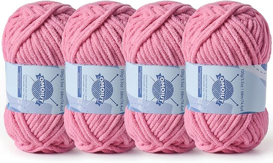 Chunky Chenille Yarn for Crocheting，Baby Yarn for Crocheting Soft Blankets，Bulky Yarns for Crochet Amigurumi，4×100g (4×74.3yds) Fluffy Velvet Yarns for Hand Knitting (4 Deep Pink)
