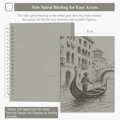 SuFly Toned Gray Sketch Book 8"x10" - 60 Sheets Spiral Bound Sketch Pad, 85lb/130gsm Art Paper for Graphite, Charcoal, Colored Pencils and Gel pens.