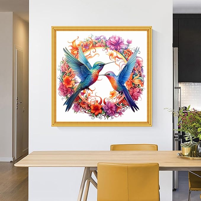 Foxhool Stamped Cross Stitch Kits,11CT Printed Cross Stitch Pattern Full Embroidery Kits for Beginner Needlepoint Kits-Hummingbird Wreath 18x18 inch
