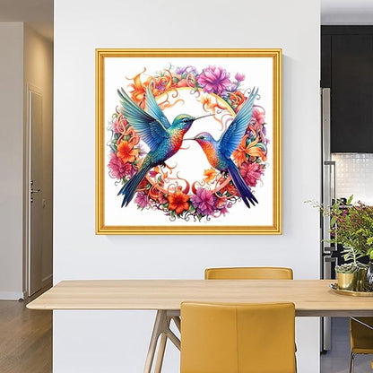 Foxhool Stamped Cross Stitch Kits,11CT Printed Cross Stitch Pattern Full Embroidery Kits for Beginner Needlepoint Kits-Hummingbird Wreath 18x18 inch
