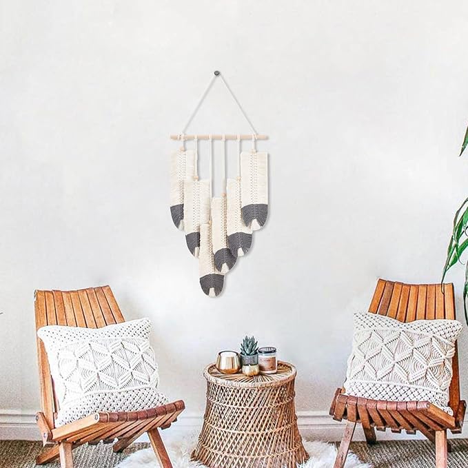 ORIGACH DIY Macrame Feather Wall Hanging Kit Boho White and Dark Gray Feather Tapestry Macrame Kit for Adults Beginner Handmade Rustic Macrame Feathers Leaf Wall Hanger Decor for Living Room Bedroom