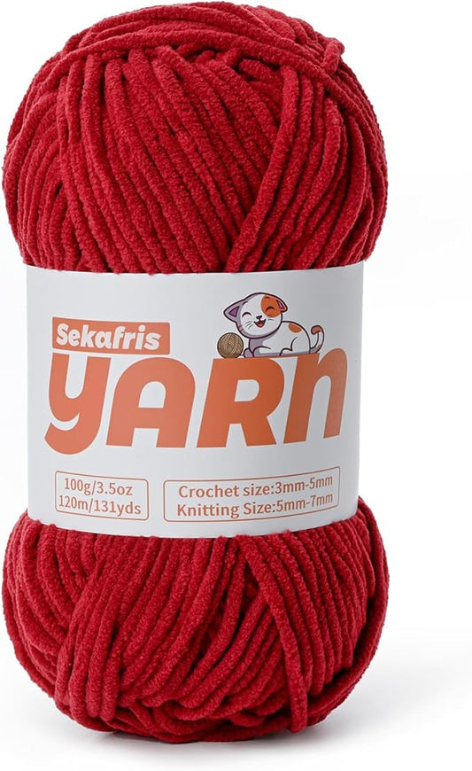Plush Chunky Chenille Yarn for Crocheting, Soft Fluffy Velvet Yarn for Crocheting, Fuzzy Baby Blanket Knitting Yarns, 100g/131yds Bulky Amigurumi Yarns（Burgundy）