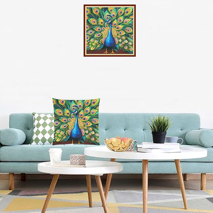 Lovxvouy Pillow Cross Stitch Kits for Adults Beginners-Preprinted Needlepoint Kit Stamped Crossstitching Kits 11CT Cross-Stitch Kit Stitches Kit Embroidery Kits-Lucky Peacock 18x18 inchs