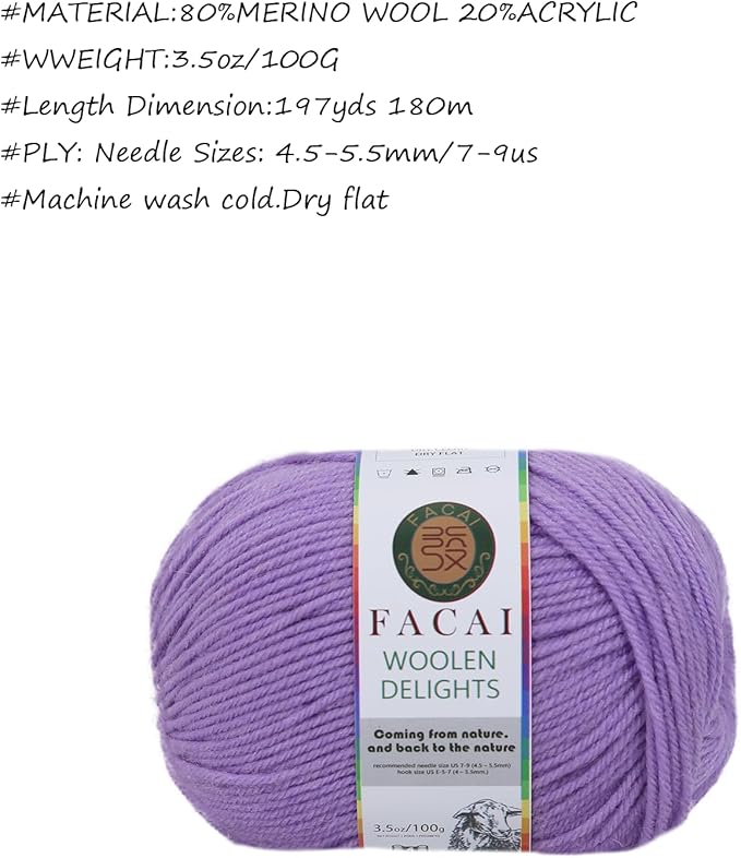 Facai Blend Merino Wool Yarn for Knitting - Worsted Weight,197yds (3.5oz) Ball, Ideal for Sweaters, Scarves, and Accessories (3, Purple)
